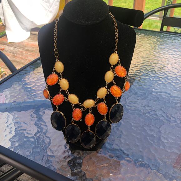 Charming Charlie Vintage Bib Statement Necklace Orange Black - Picture 1 of 6